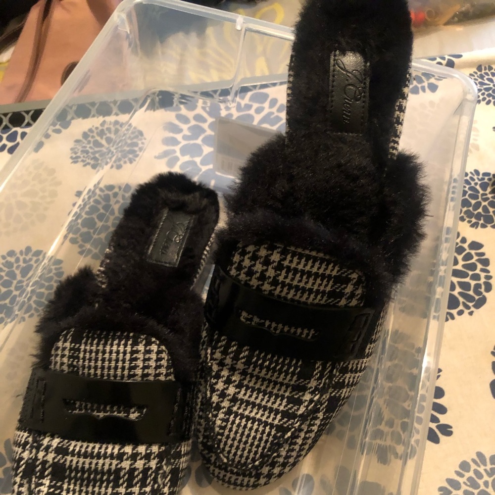 J. Crew black and white herringbone faux fur shoe